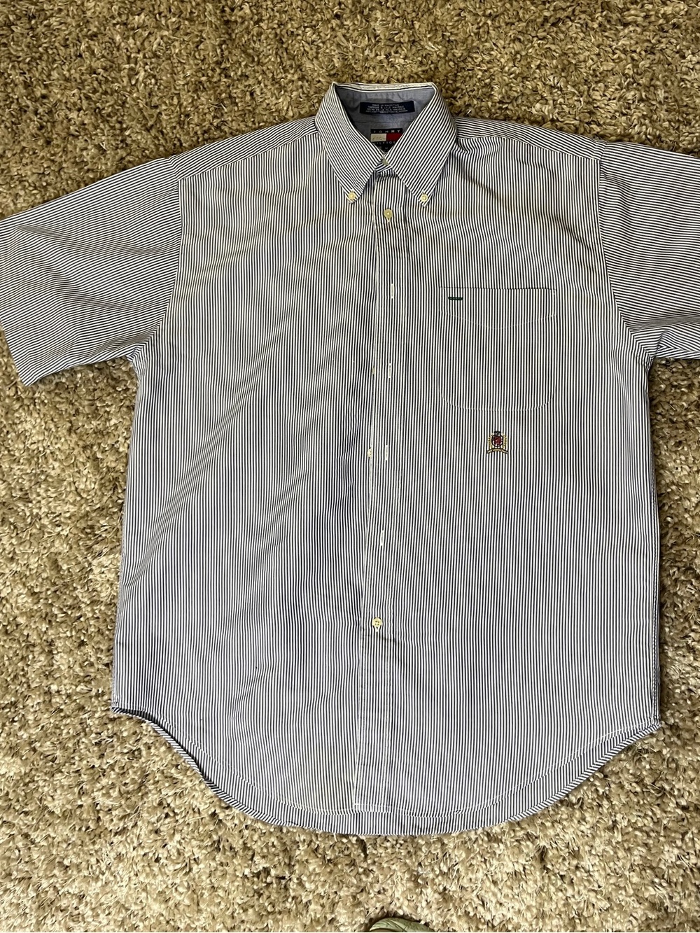 Tommy Hilfiger Blue and White Pinstripe Short-Sleeve Button-Down Shirt MEDIUM